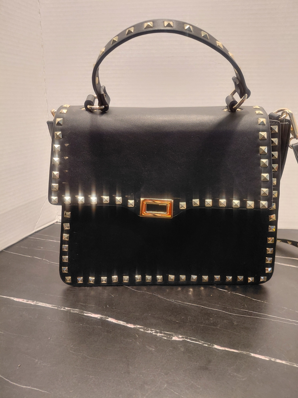 INZI Black Studded Top-Handle Satchel with Gold Accent